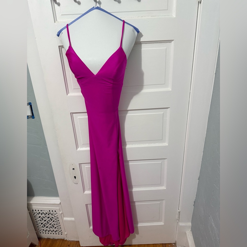 Faviana Hot Pink V Neckline Prom Dress With Stretch Fabric And Corset Back